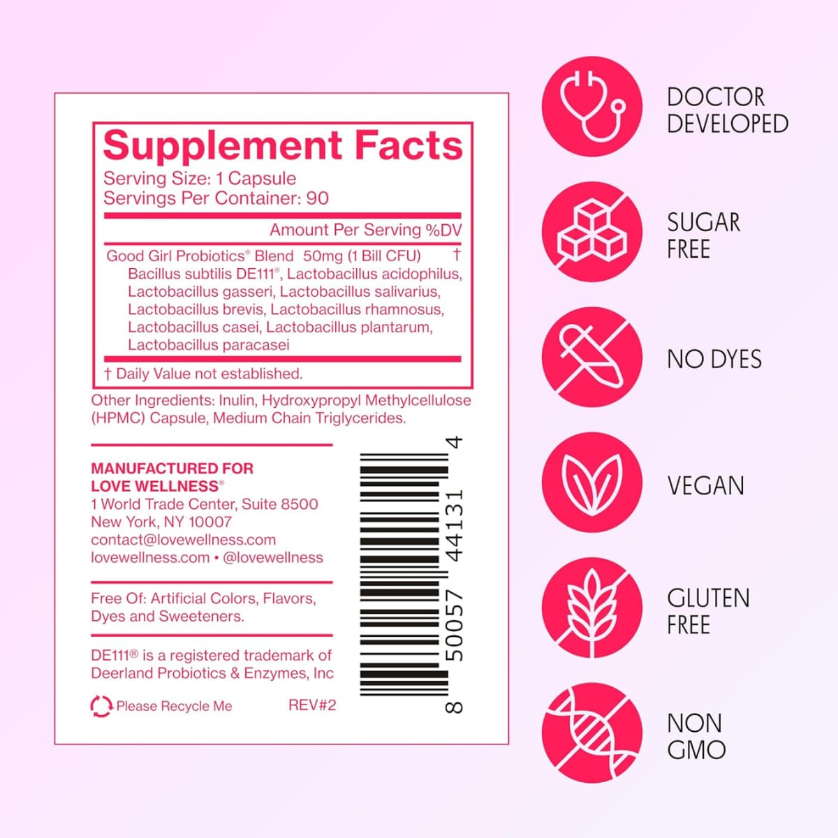 Tabla nutricional del suplemento Love Wellness Good Girl Probiotics 90 cápsulas