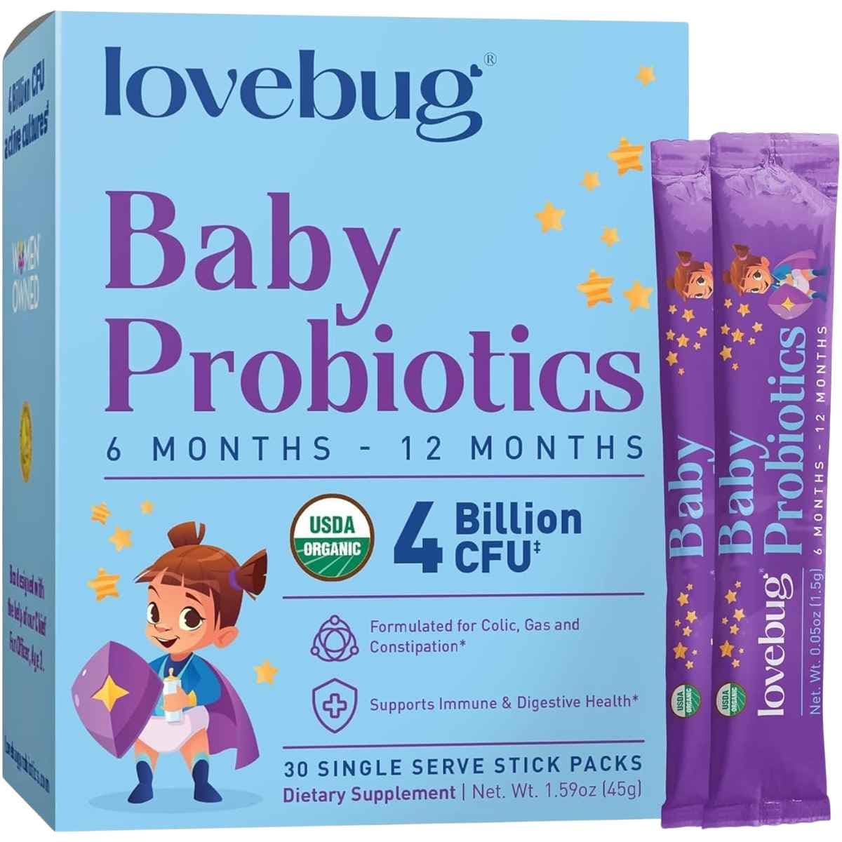 Caja de suplemento Lovebug Mezcla de Probióticos para Bebés 4 Billion CFU 30 Sobres