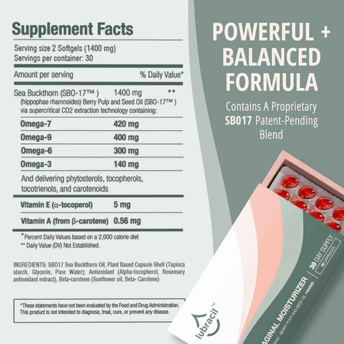 Tabla nutricional del suplemento Lubracil Espino Amarillo SBO17 60 Cápsulas Blandas