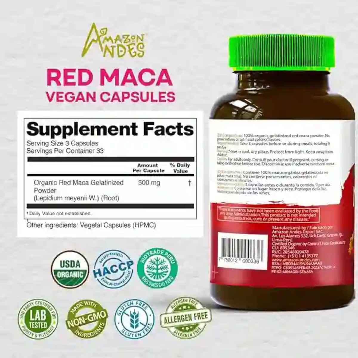 Tabla nutricional del suplemento Maca Roja Orgánica 100 Cápsulas