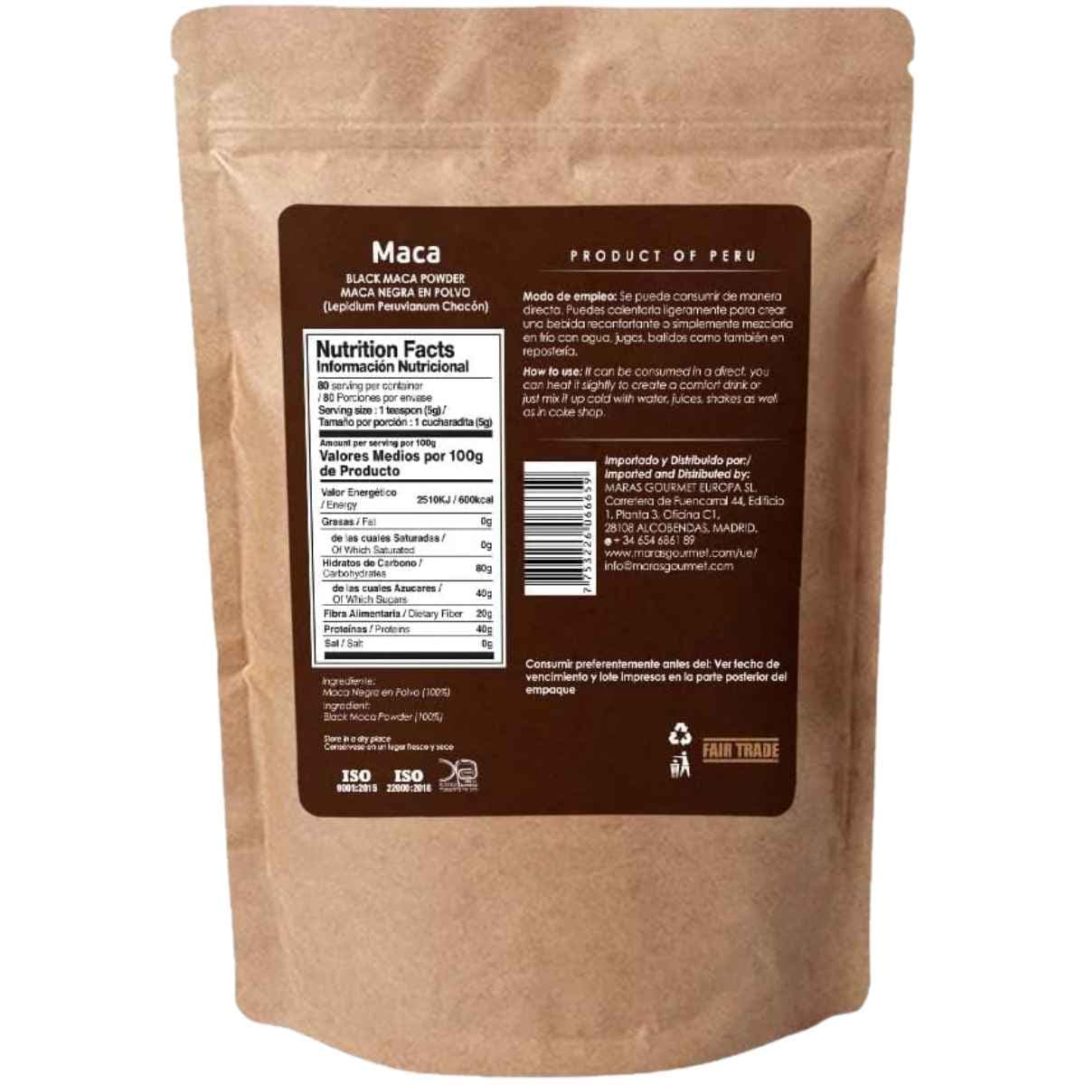 Parte posterior de Maras Gourmet Maca Negra Orgánica con información nutricional e instrucciones de uso.