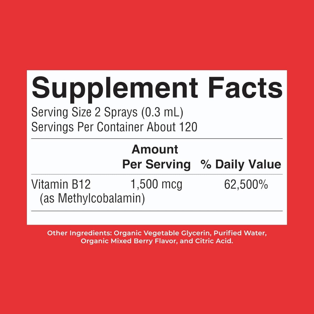 Tabla nutricional del suplemento MaryRuth Organics Metil B12 Baya 1500 mcg 30 ml