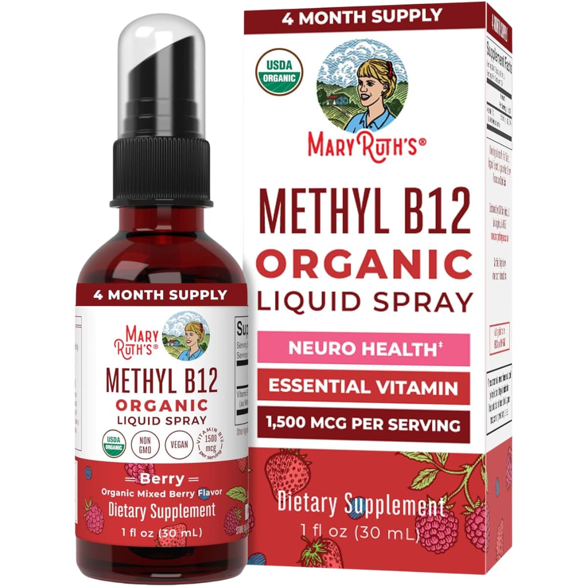 Frasco de suplemento MaryRuth Organics Metil B12 Baya 1500 mcg 30 ml