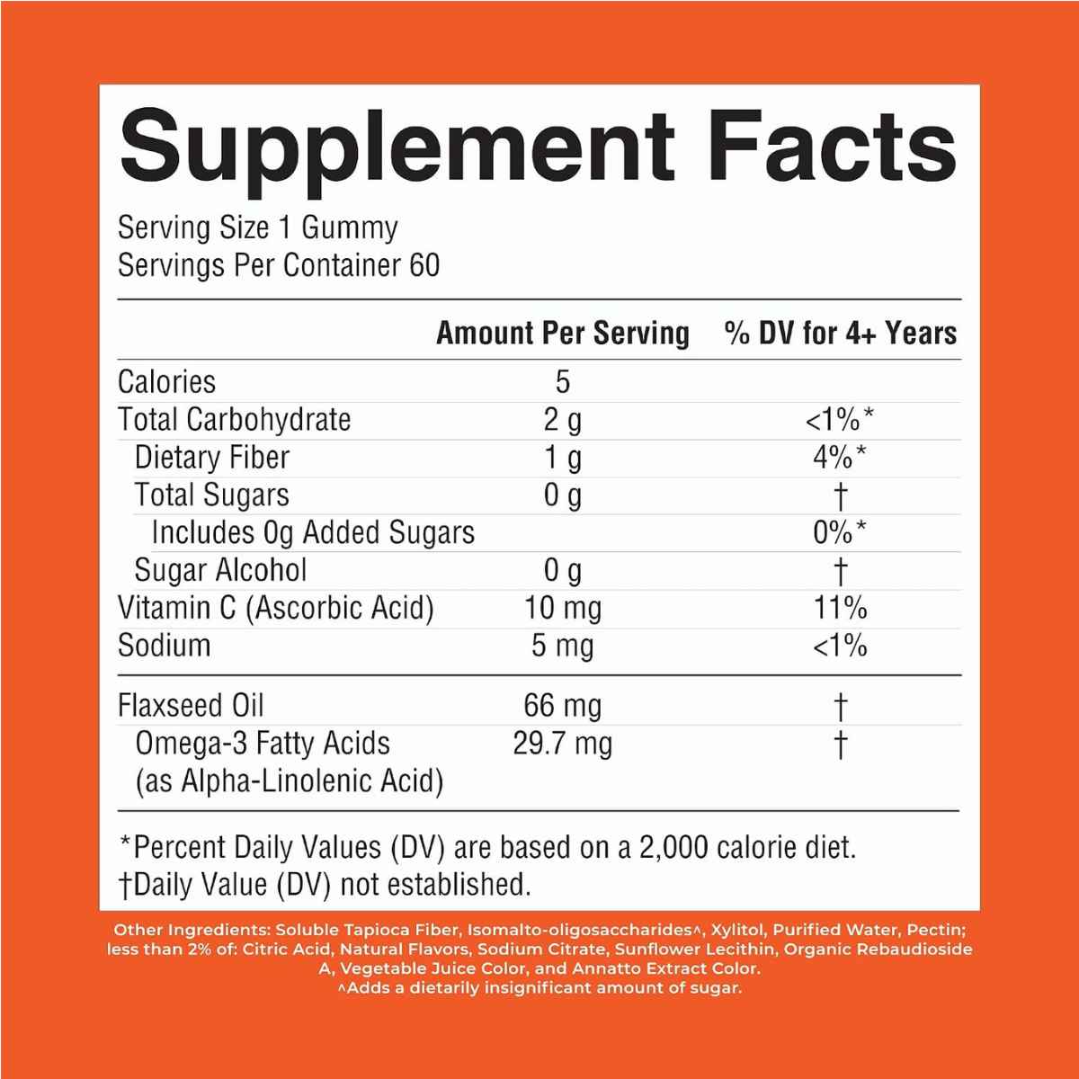 Frasco de MaryRuth’s Kids Omega-3 Gummies sabor naranja junto a información visual del producto