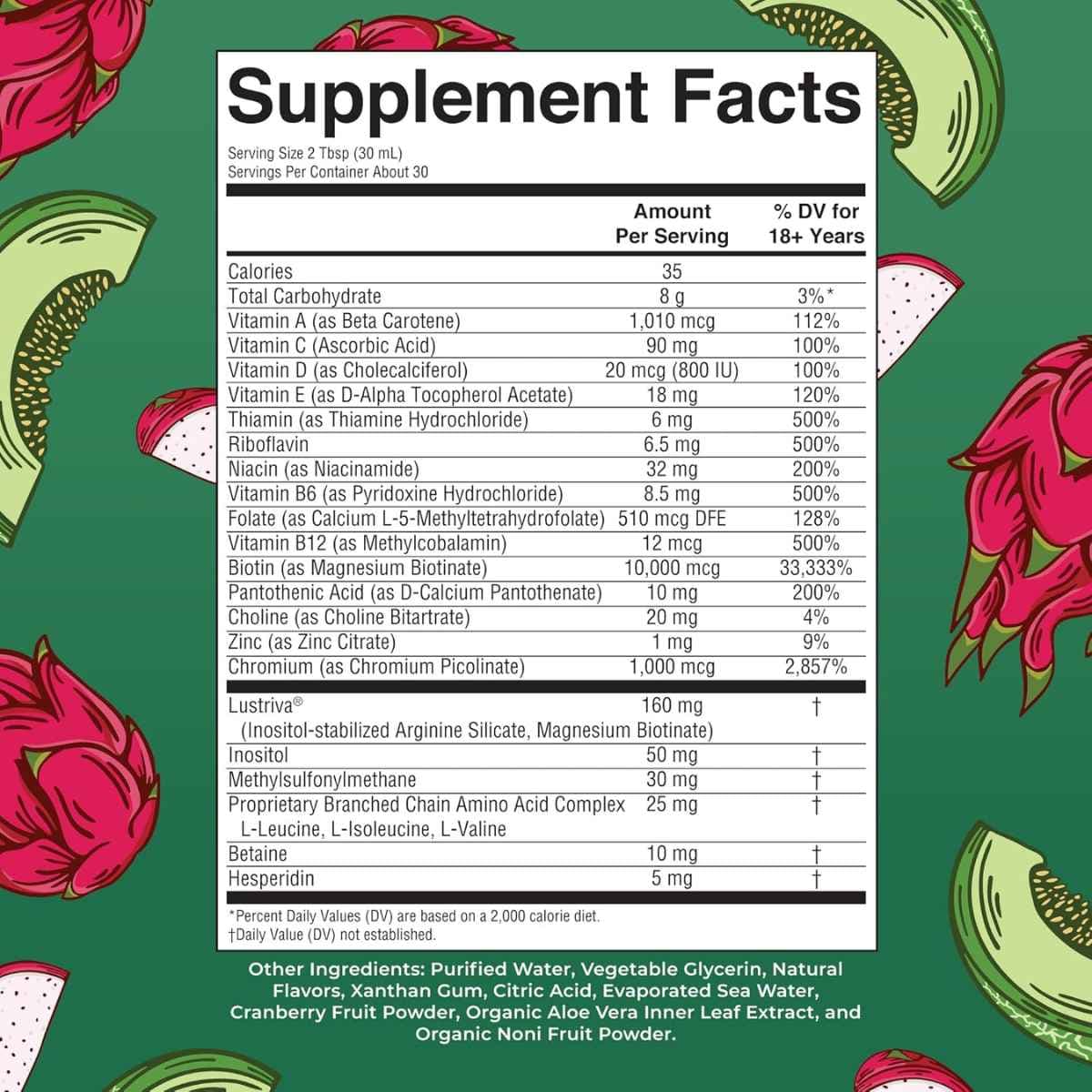 Tabla nutricional del suplemento MaryRuth's Multivitamínico Líquido de Mañana sabor Fruta del Dragón Melón 30 fl oz
