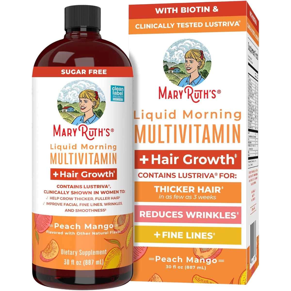 Frasco de suplemento MaryRuth's Multivitamínico Líquido de Mañana sabor Mango Durazno 30 fl oz