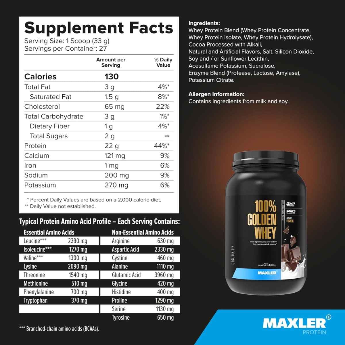 Información nutricional de Maxler 100% Golden Whey proteína de suero en polvo, sabor chocolate