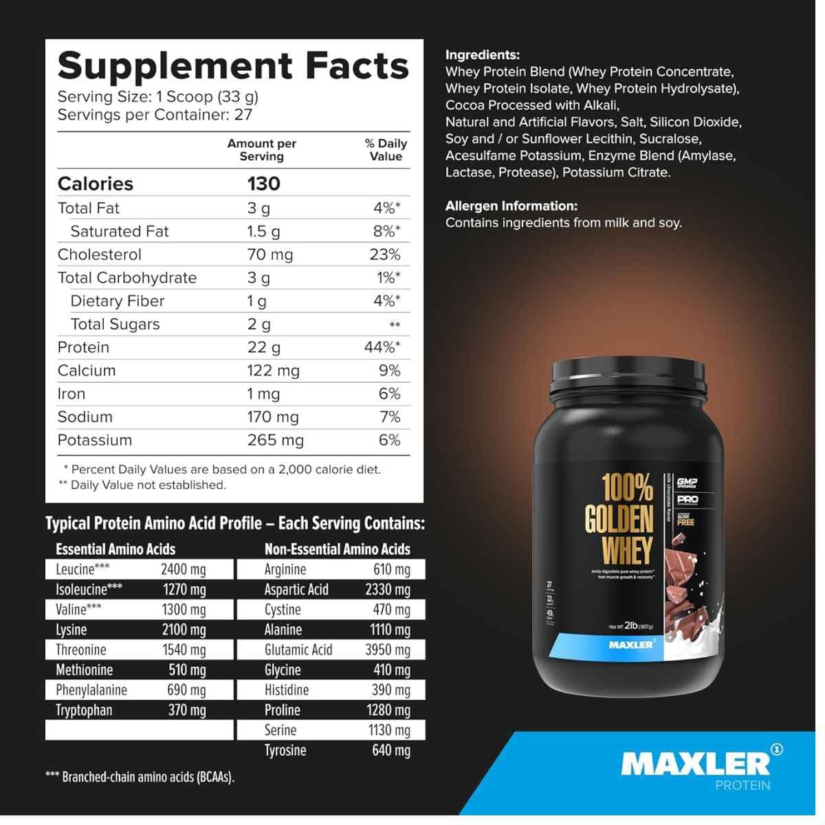 Información nutricional de Maxler 100% Golden Whey proteína de suero en polvo, sabor chocolate con leche