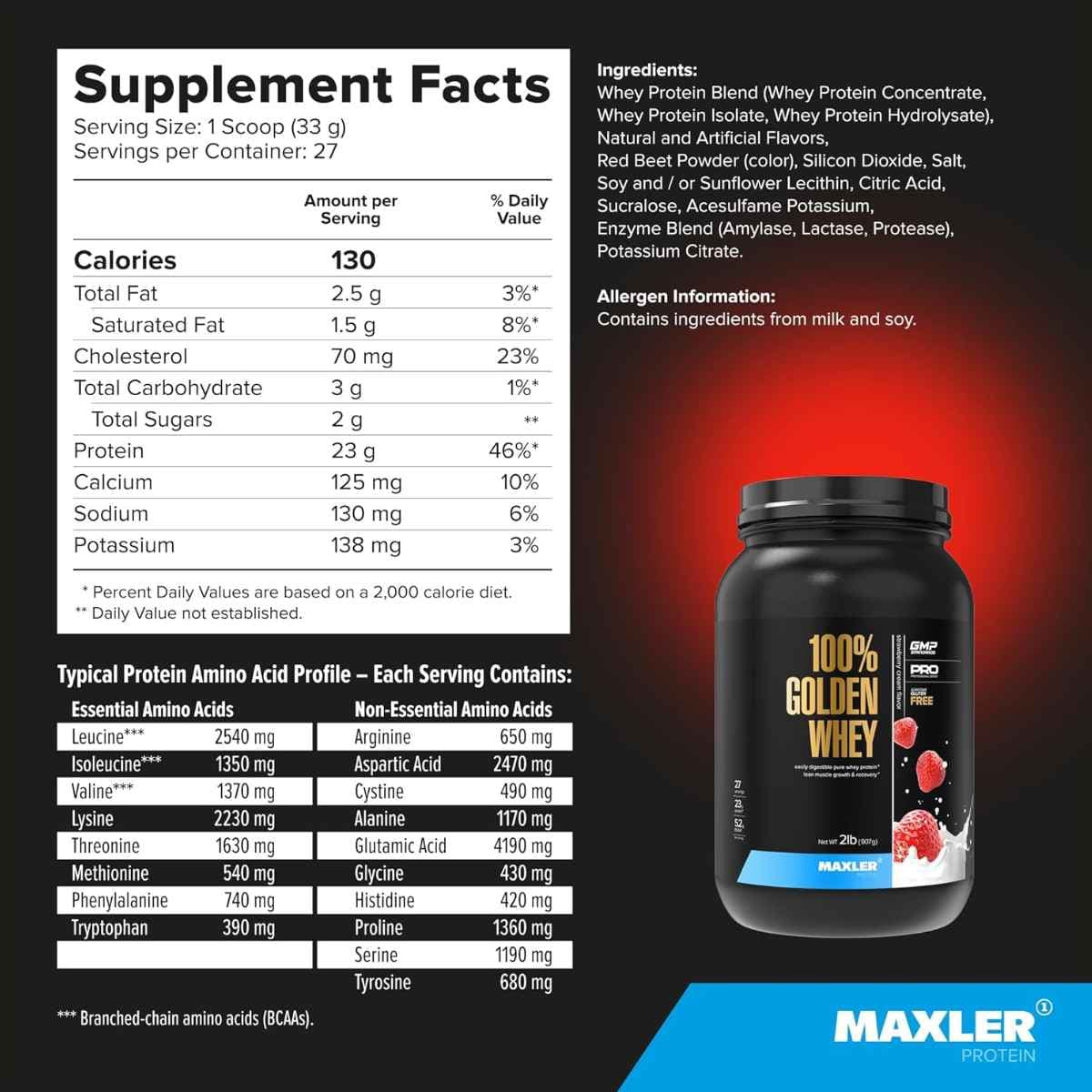 Información nutricional de Maxler 100% Golden Whey proteína de suero en polvo, sabor crema de fresa