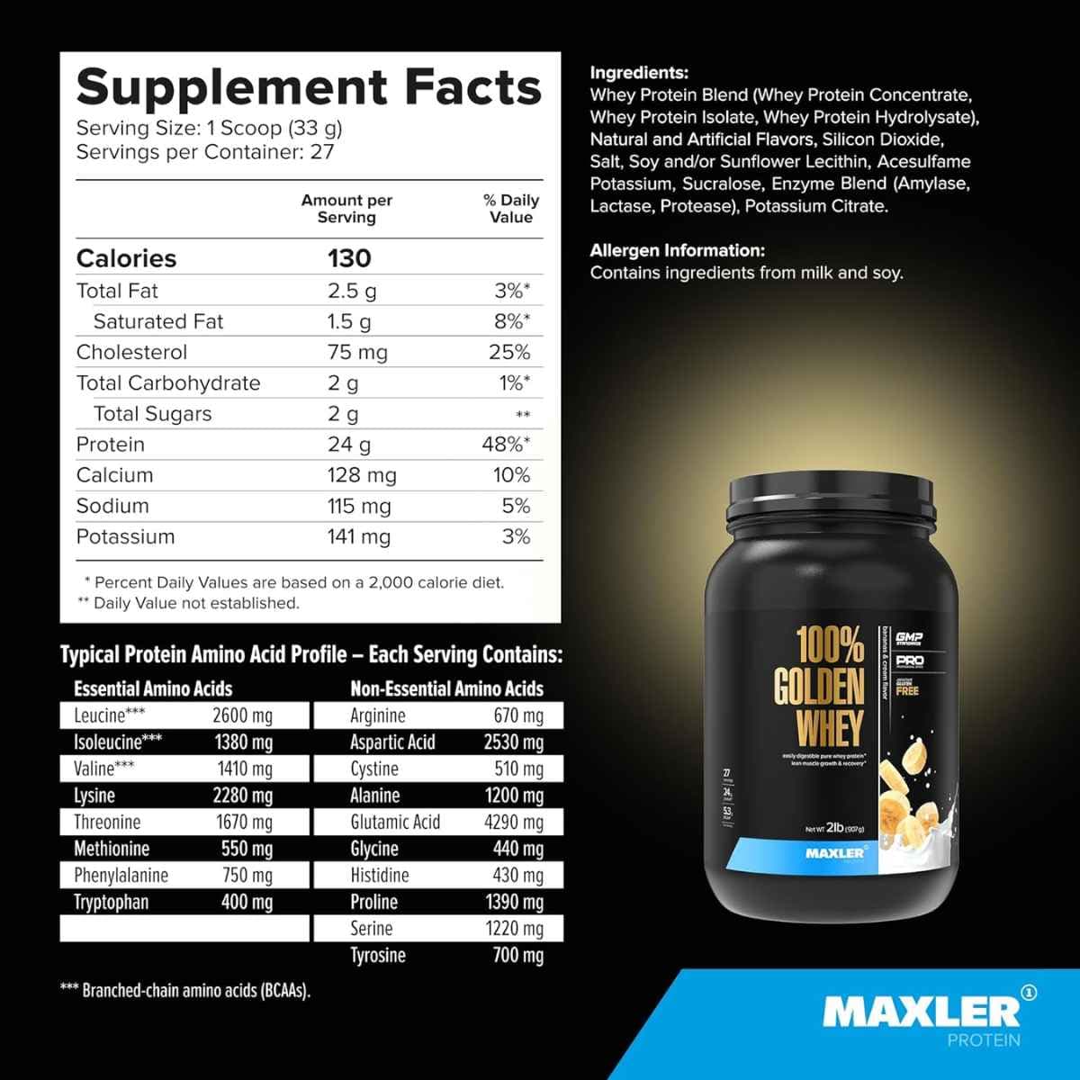 Información nutricional de Maxler 100% Golden Whey proteína de suero en polvo, sabor plátano y crema