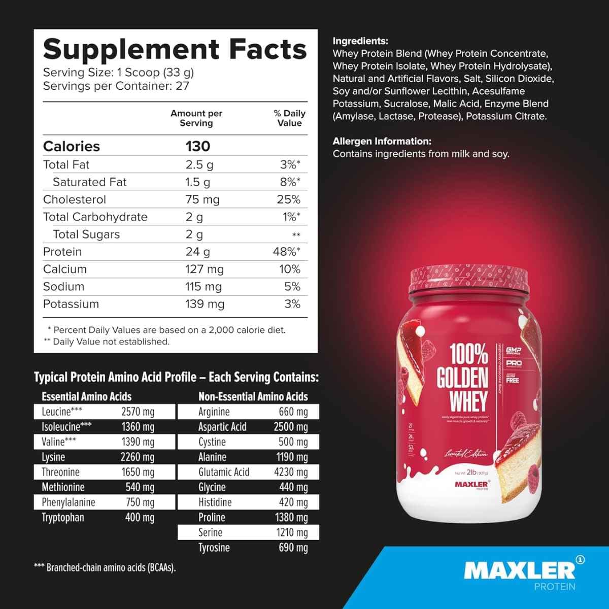 Información nutricional de Maxler 100% Golden Whey proteína de suero en polvo, sabor tarta de queso de frambuesa