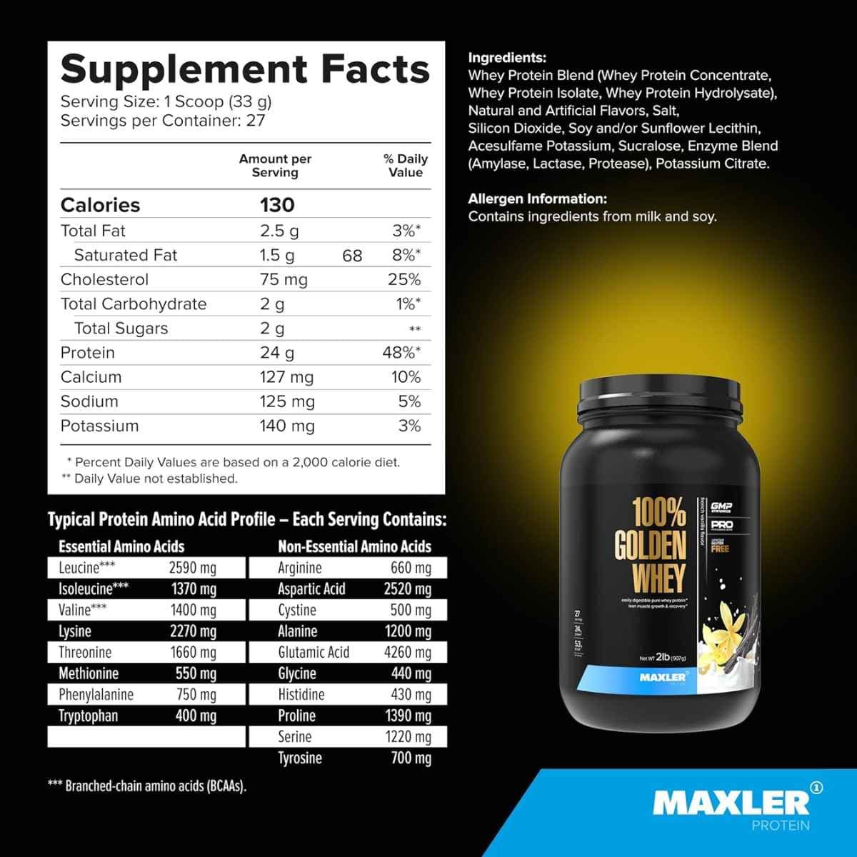 Información nutricional de Maxler 100% Golden Whey proteína de suero en polvo, sabor vainilla francesa