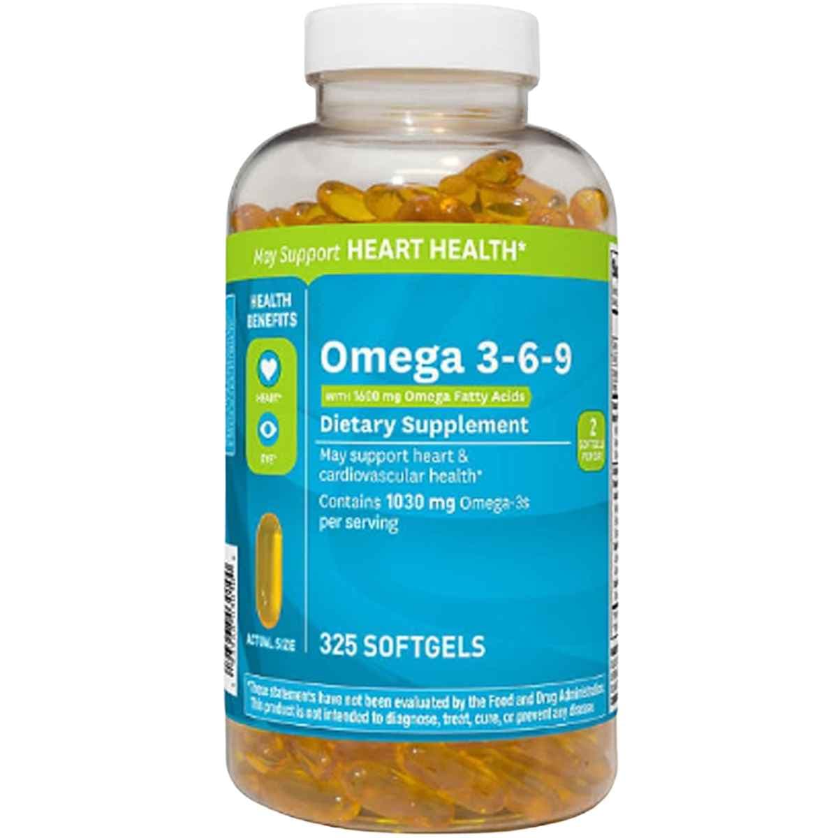 Frasco de suplemento Member's Mark Omega 3-6-9 Completo 325 cápsulas blandas