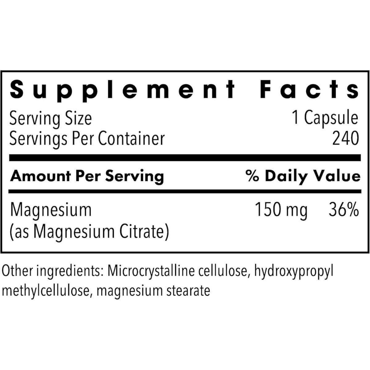Etiqueta del suplemento Metabolic Maintenance Magnesium Citrate, 240 cápsulas