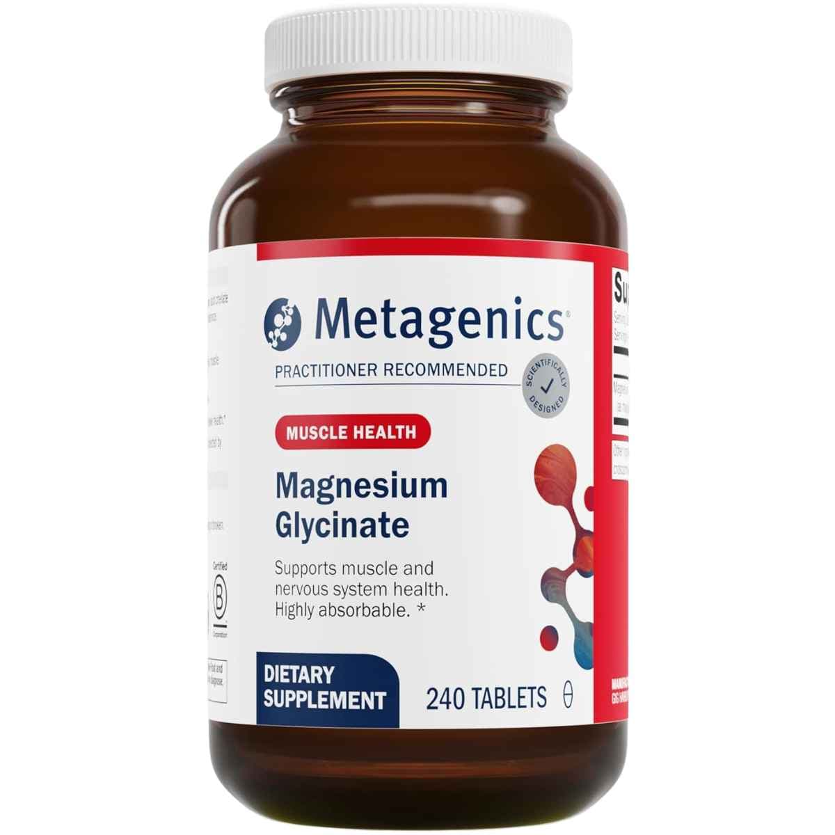 Frasco frontal de Metagenics Glicinato de Magnesio 100 mg en presentación de 240 tabletas