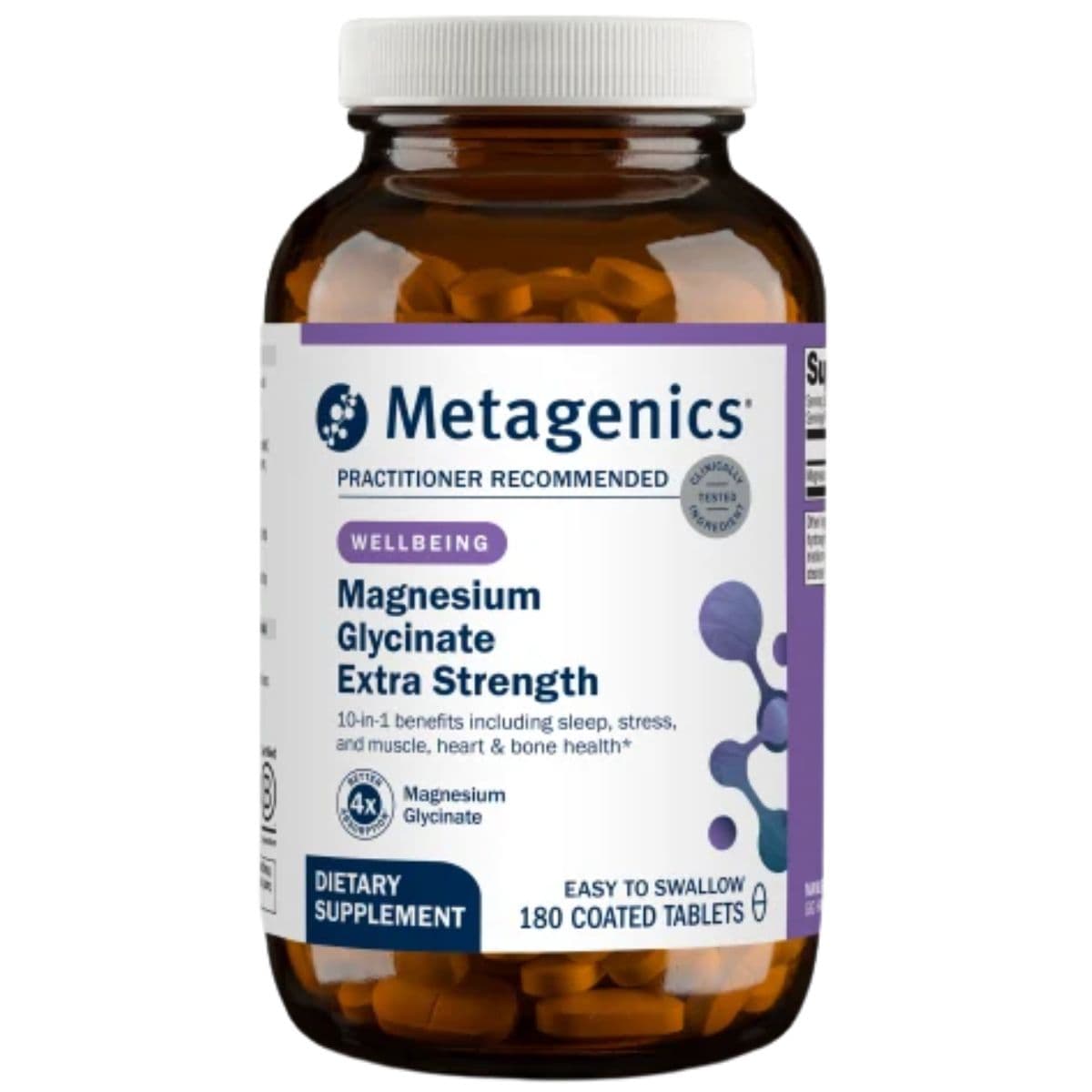 Frasco de Metagenics glicinato de magnesio extra fuerte de 180 tabletas