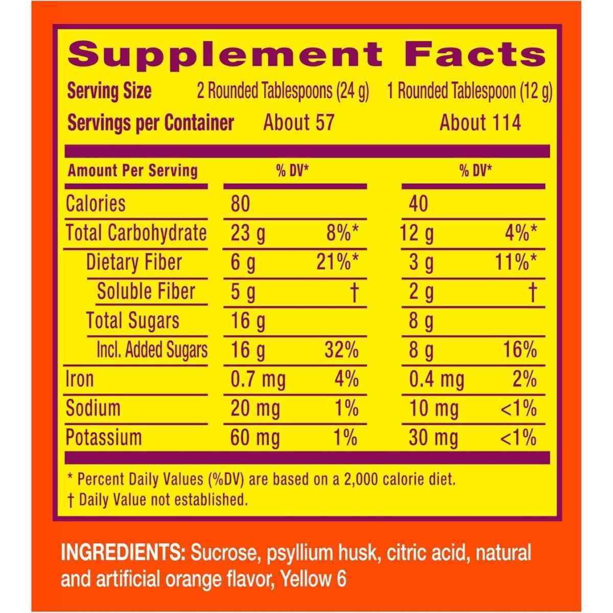 Tabla nutricional del suplemento Metamucil Cáscara de Psilio Naranja 114 cucharadas