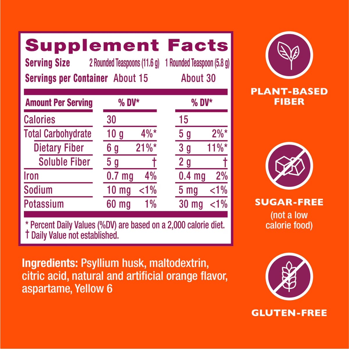 Información del suplemento de Metamucil fibra de psyllium naranja sin azúcar, 174 g