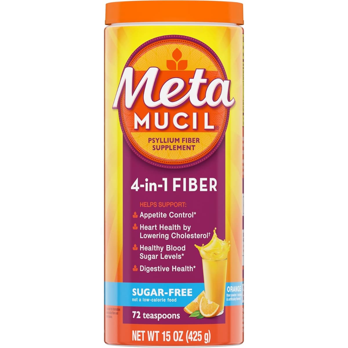 Metamucil fibra de psyllium en polvo sabor naranja sin azúcar, envase de 425 g