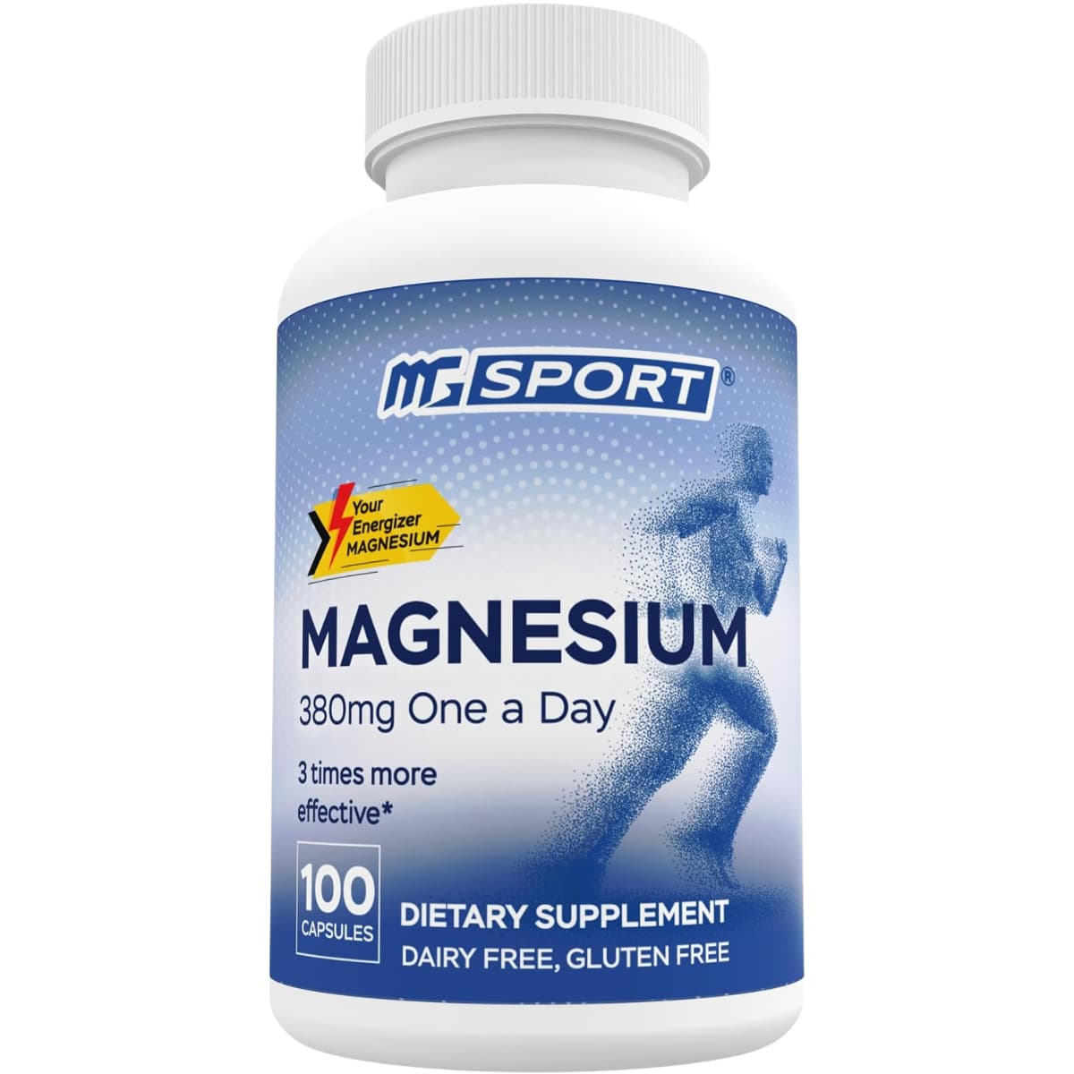 Frasco frontal de MGSPORT magnesio 380 mg, presentación de 100 cápsulas