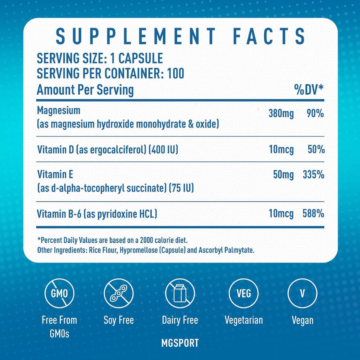 Información del suplemento MGSPORT magnesio 380 mg para la presentación de 100 cápsulas