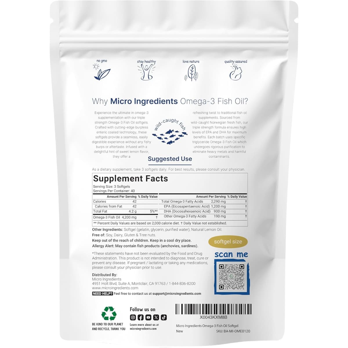 Tabla nutricional del suplemento Micro Ingredients Aceite de Pescado Omega-3 120 cápsulas blandas