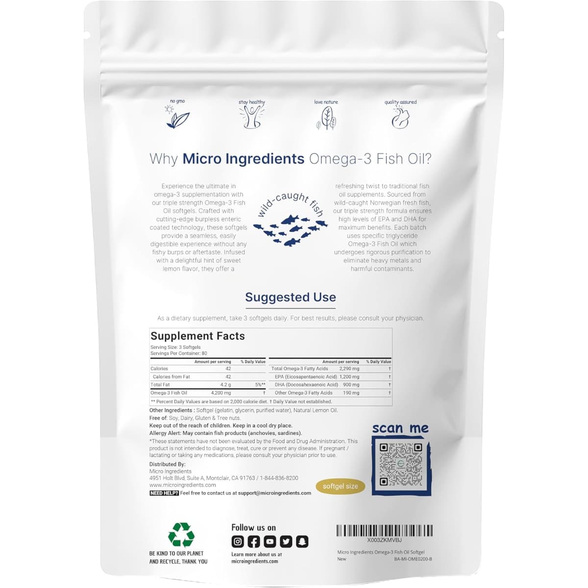 Tabla nutricional del suplemento Micro Ingredients Aceite de Pescado Omega-3 240 cápsulas blandas