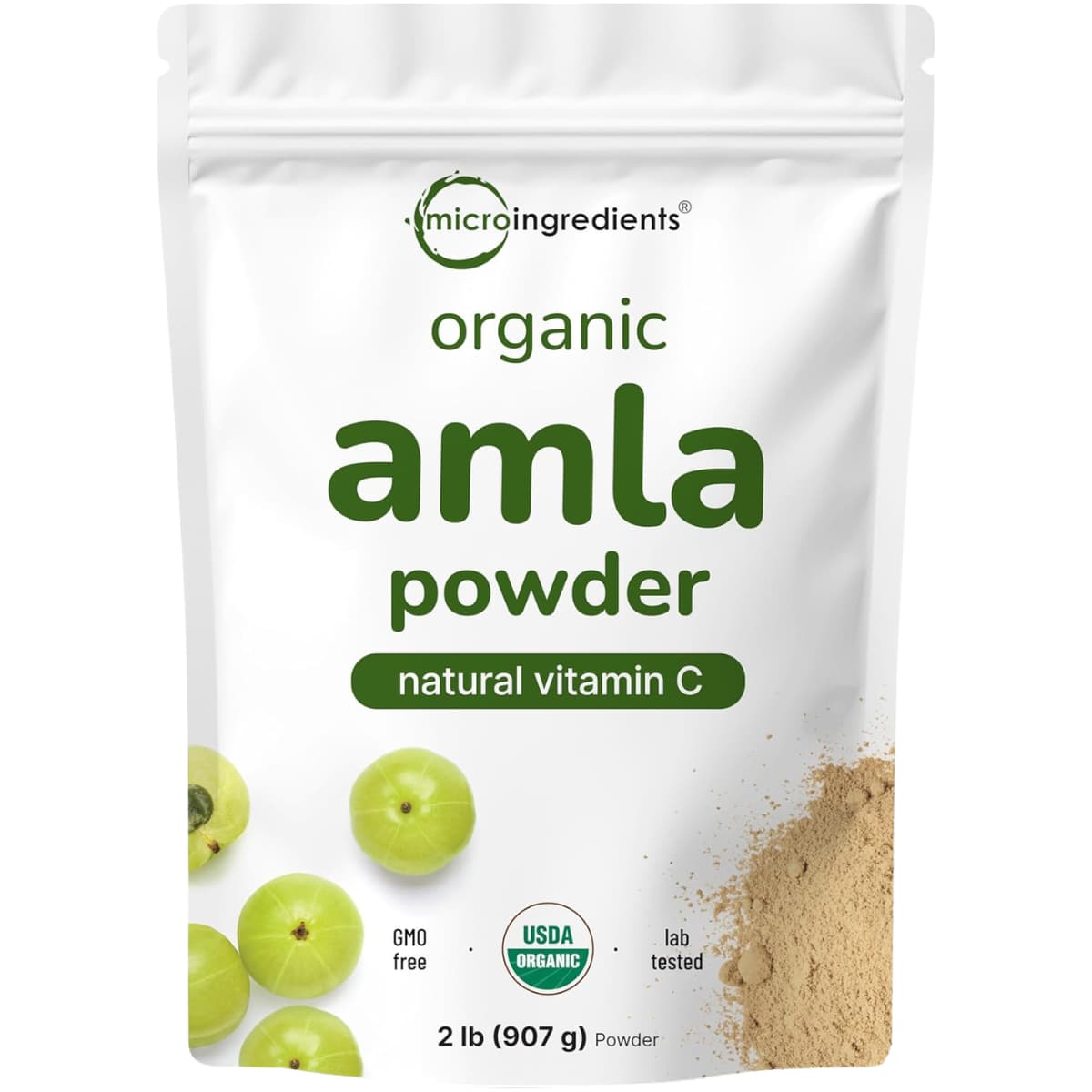 Bolsa frontal de MICRO INGREDIENTS amla orgánica en polvo, 2 lb (907 g).