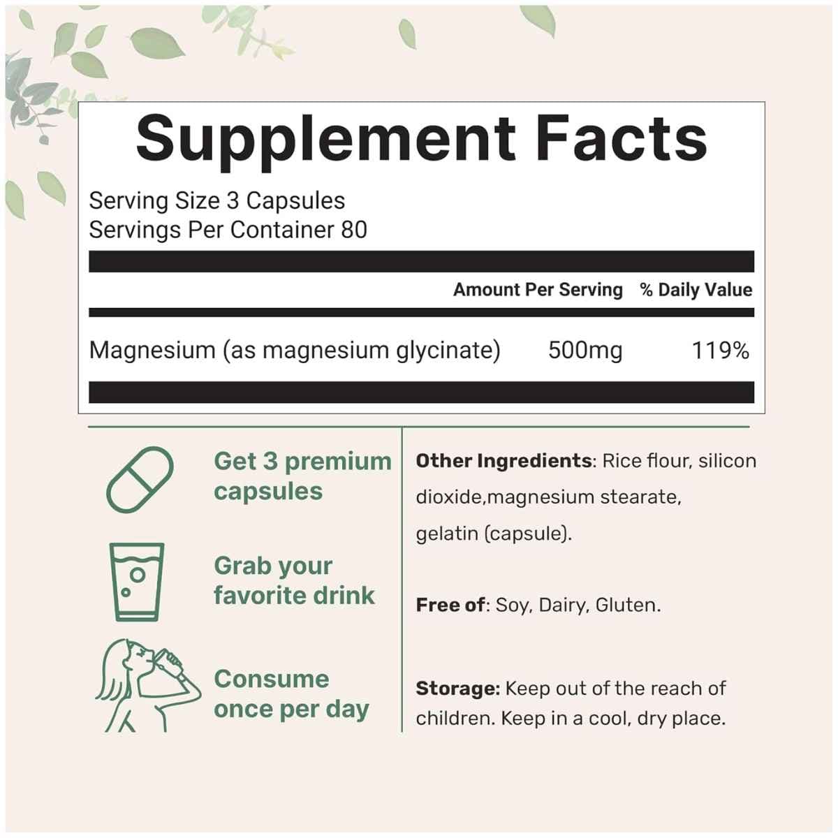Etiqueta Supplement Facts de Micro Ingredients glicinato de magnesio 500 mg