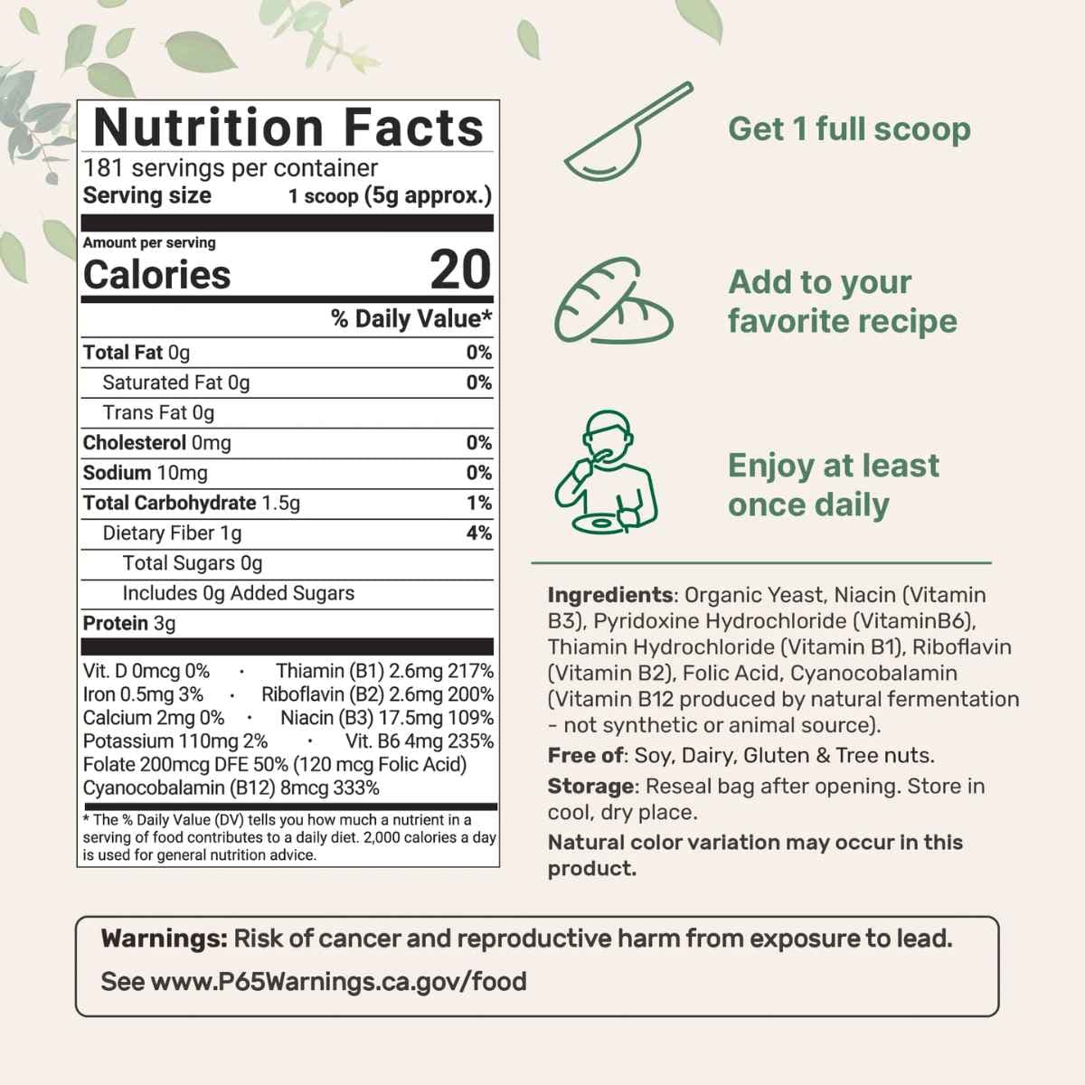 Tabla nutricional del suplemento Micro Ingredients Levadura Nutricional Orgánica Fortificada 2 lb