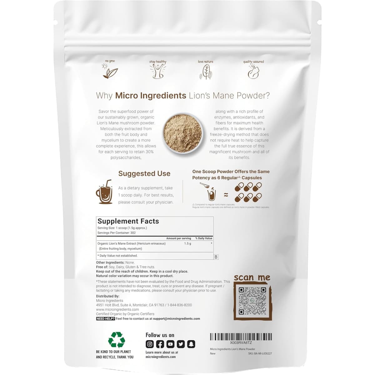 Tabla nutricional del suplemento Micro Ingredients Melena de León 454 g en polvo