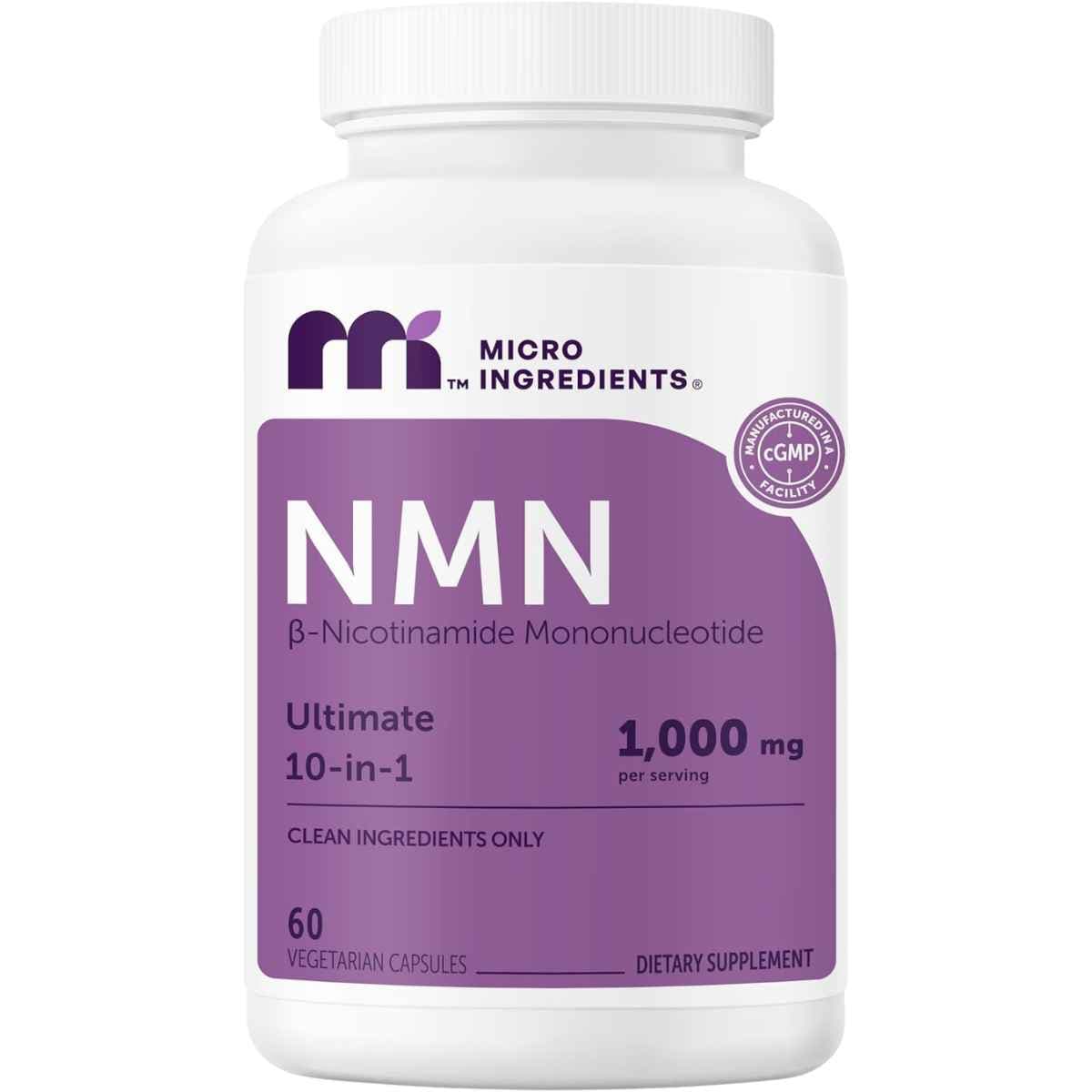 Frasco frontal de Micro Ingredients NMN, presentación de 60 cápsulas
