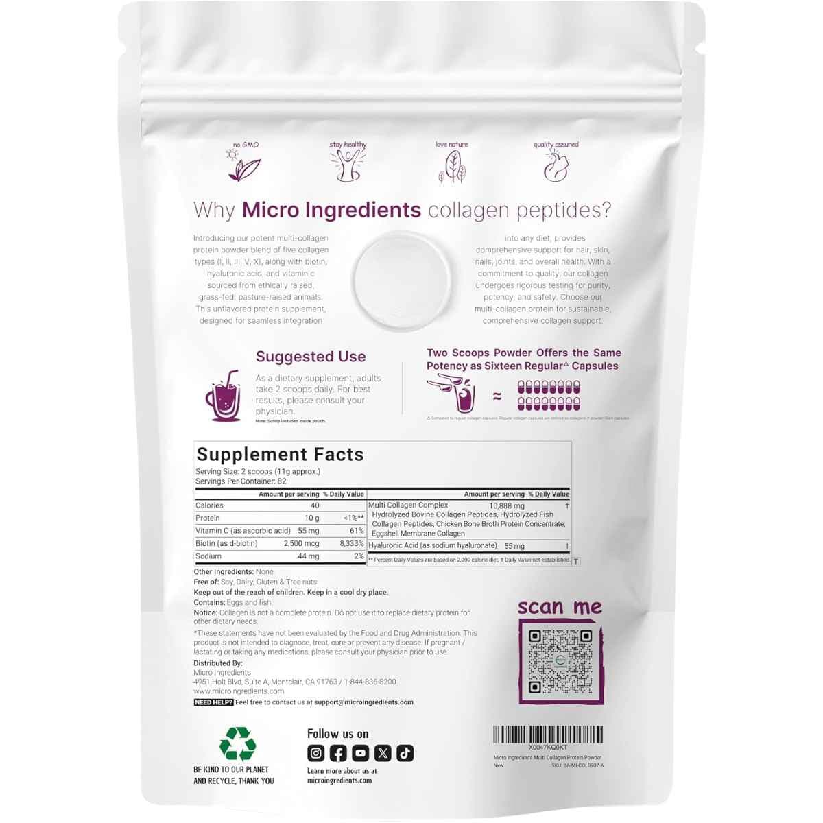 Etiqueta Supplement Facts de MICRO INGREDIENTS péptidos de colágeno múltiple de 907 g