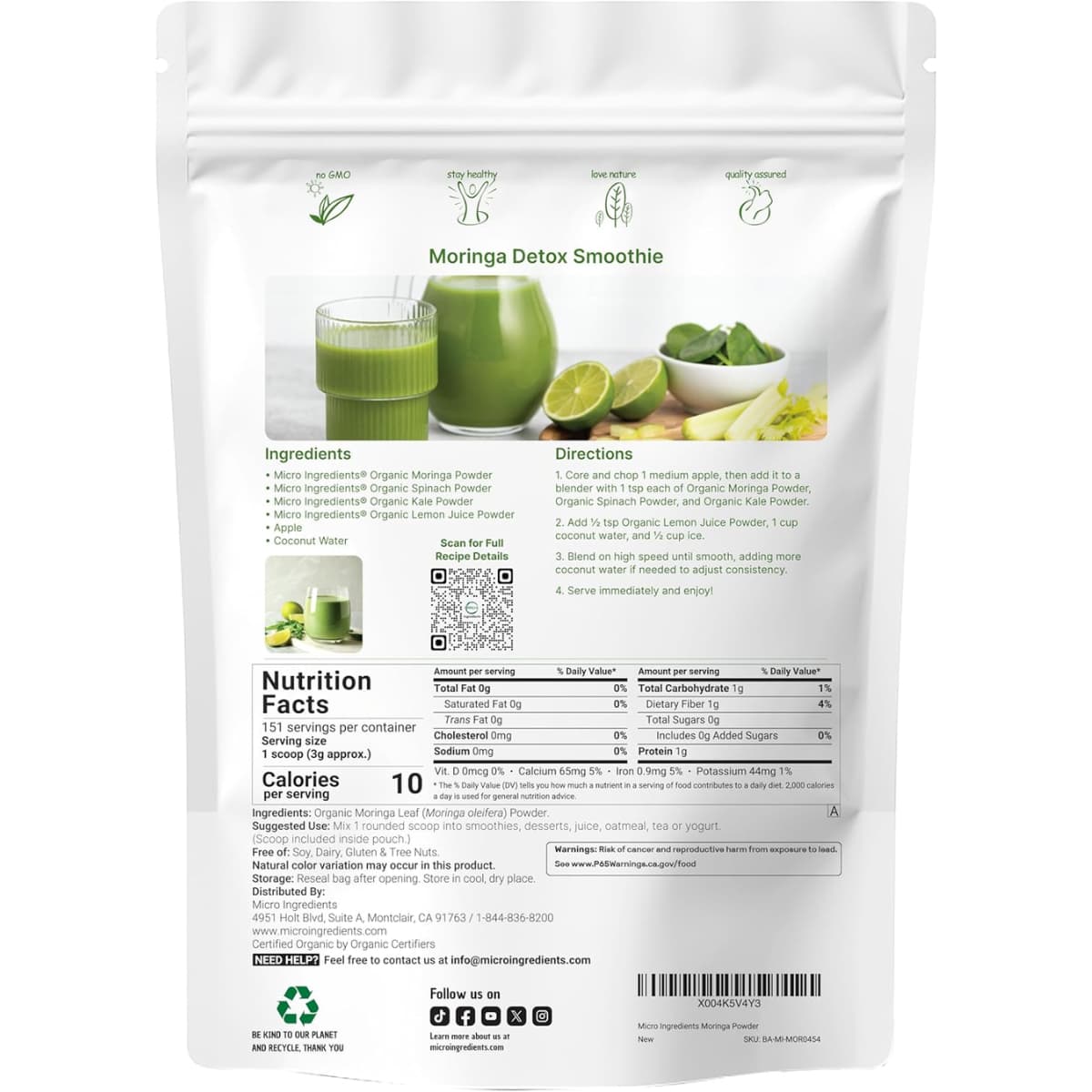 Tabla nutricional del suplemento Micro Ingredients Polvo de Moringa Orgánica 1 lb
