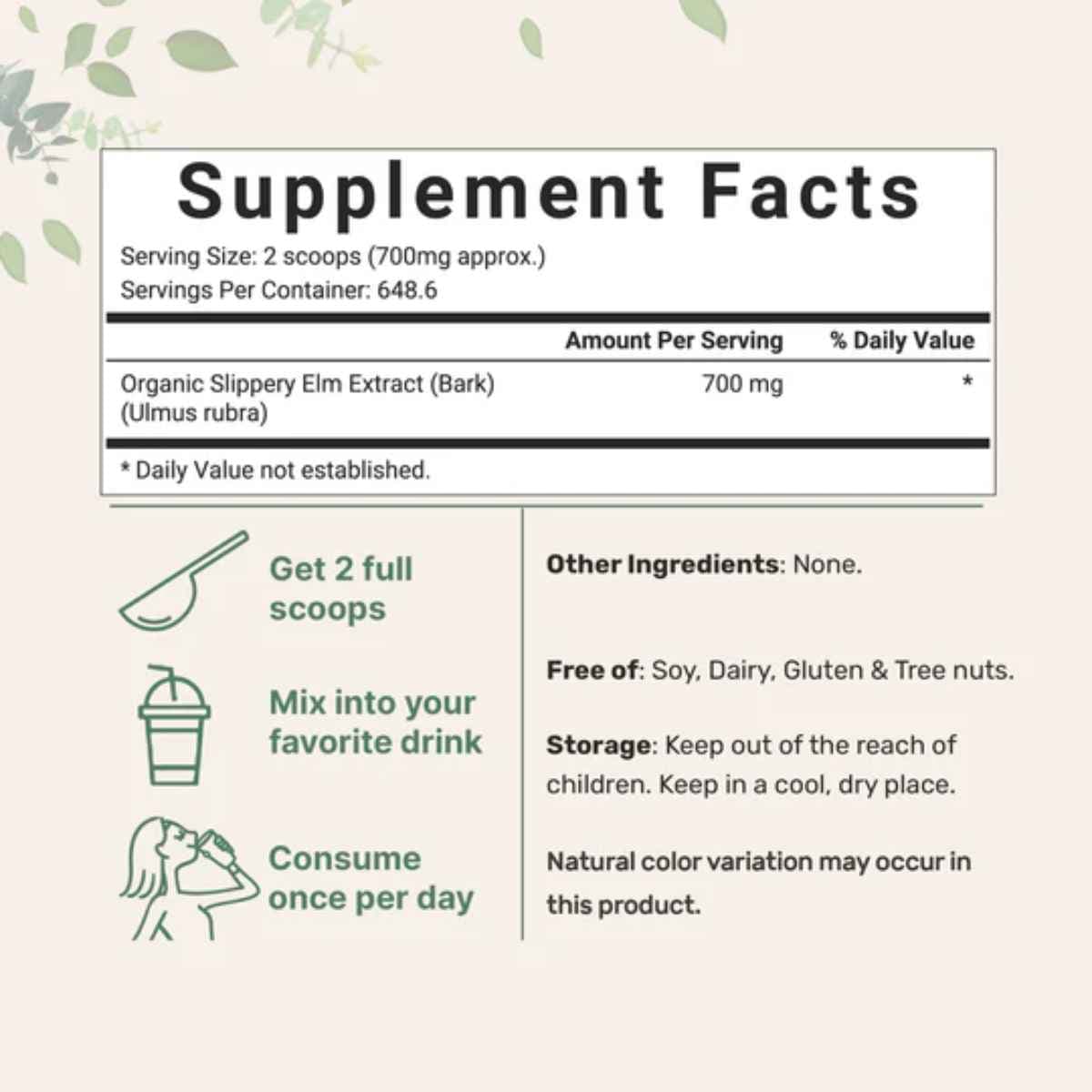 Tabla nutricional del suplemento Micro Ingredients Polvo Orgánico de Corteza de Olmo Resbaladizo 1 lb (454 g)
