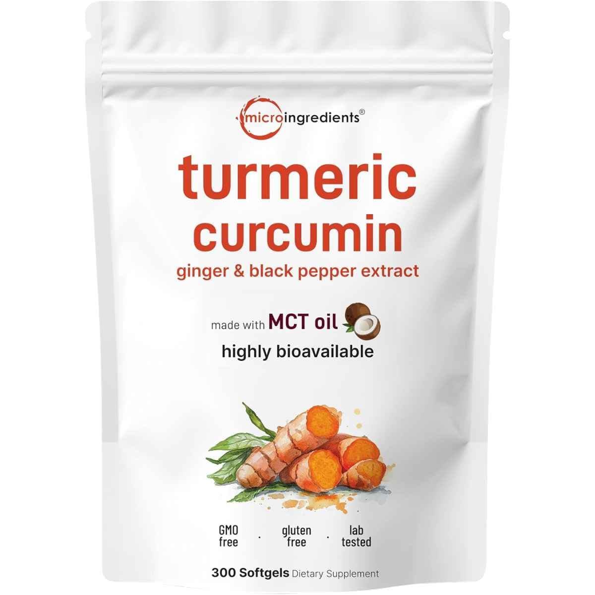 Bolsa de Micro Ingredients Cúrcuma Curcumina, presentación de 300 cápsulas blandas.