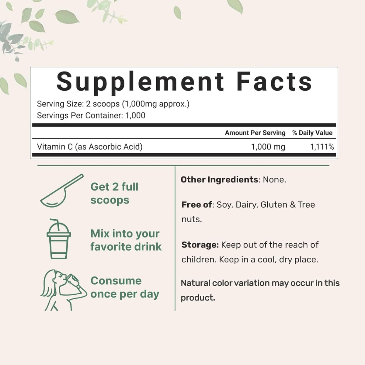 Tabla nutricional del suplemento Micro Ingredients Vitamina C en Polvo 2.2 lbs