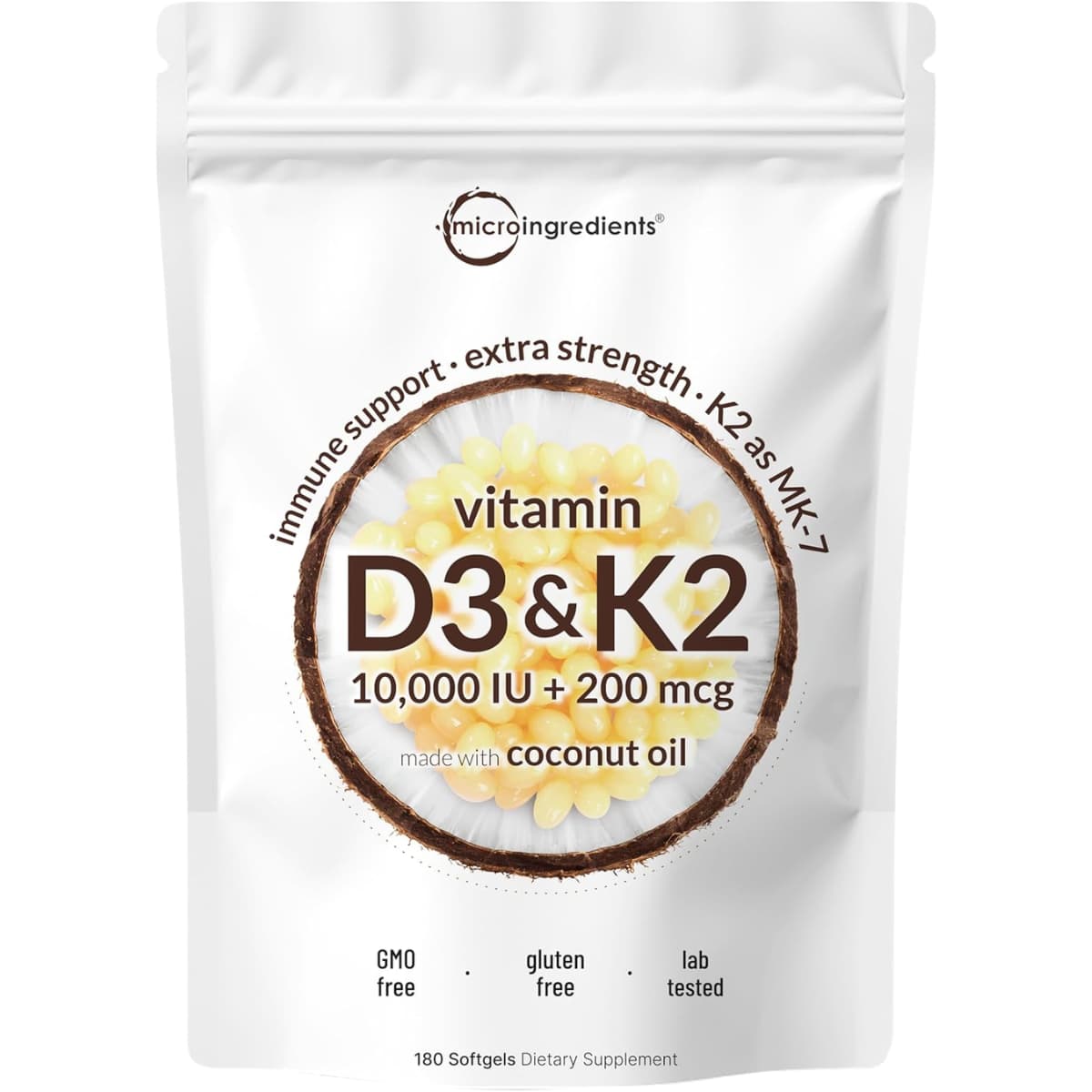 Frasco de suplemento Micro Ingredients Vitamina D3 y K2 180 cápsulas blandas