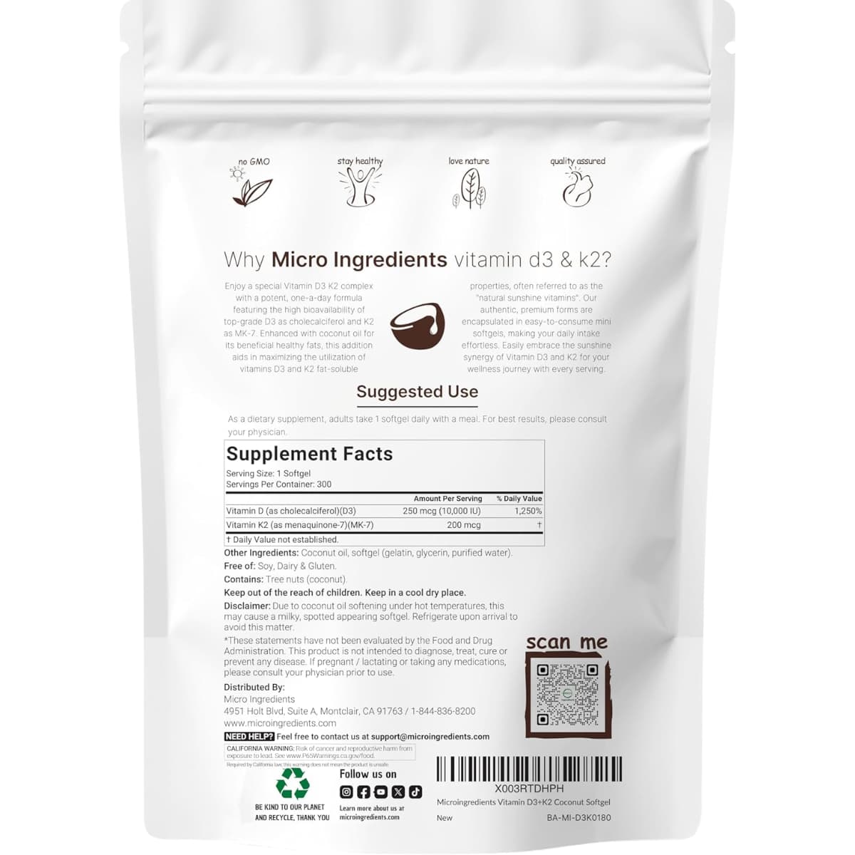 Tabla nutricional del suplemento Micro Ingredients Vitamina D3 y K2 300 cápsulas blandas