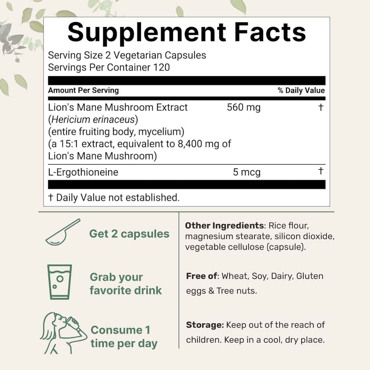 Tabla nutricional del suplemento Microingredients Extracto de Melena de León con L-Ergotioneína 240 cápsulas