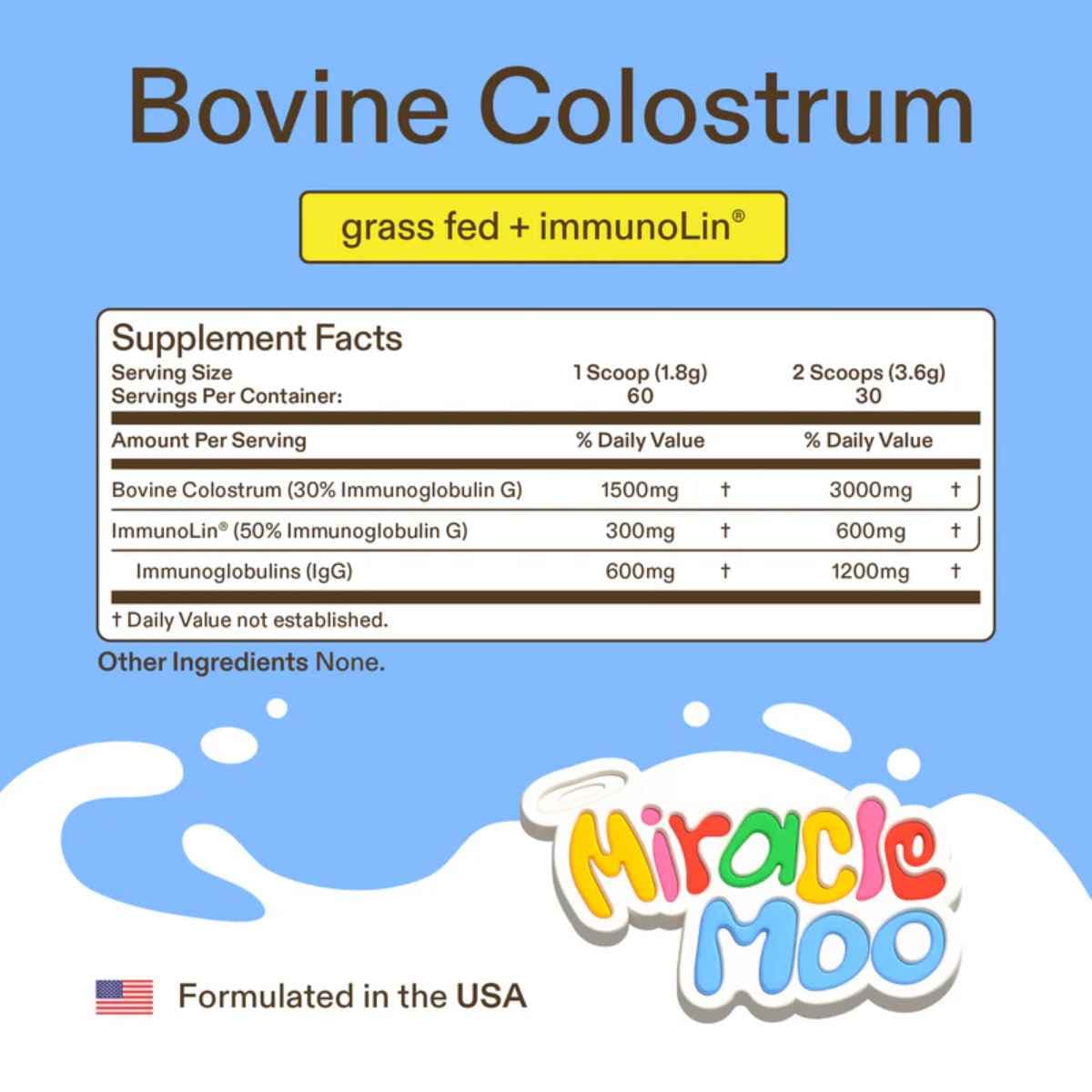 Tabla nutricional del suplemento Miracle Moo Calostro Bovino 60 Servicios