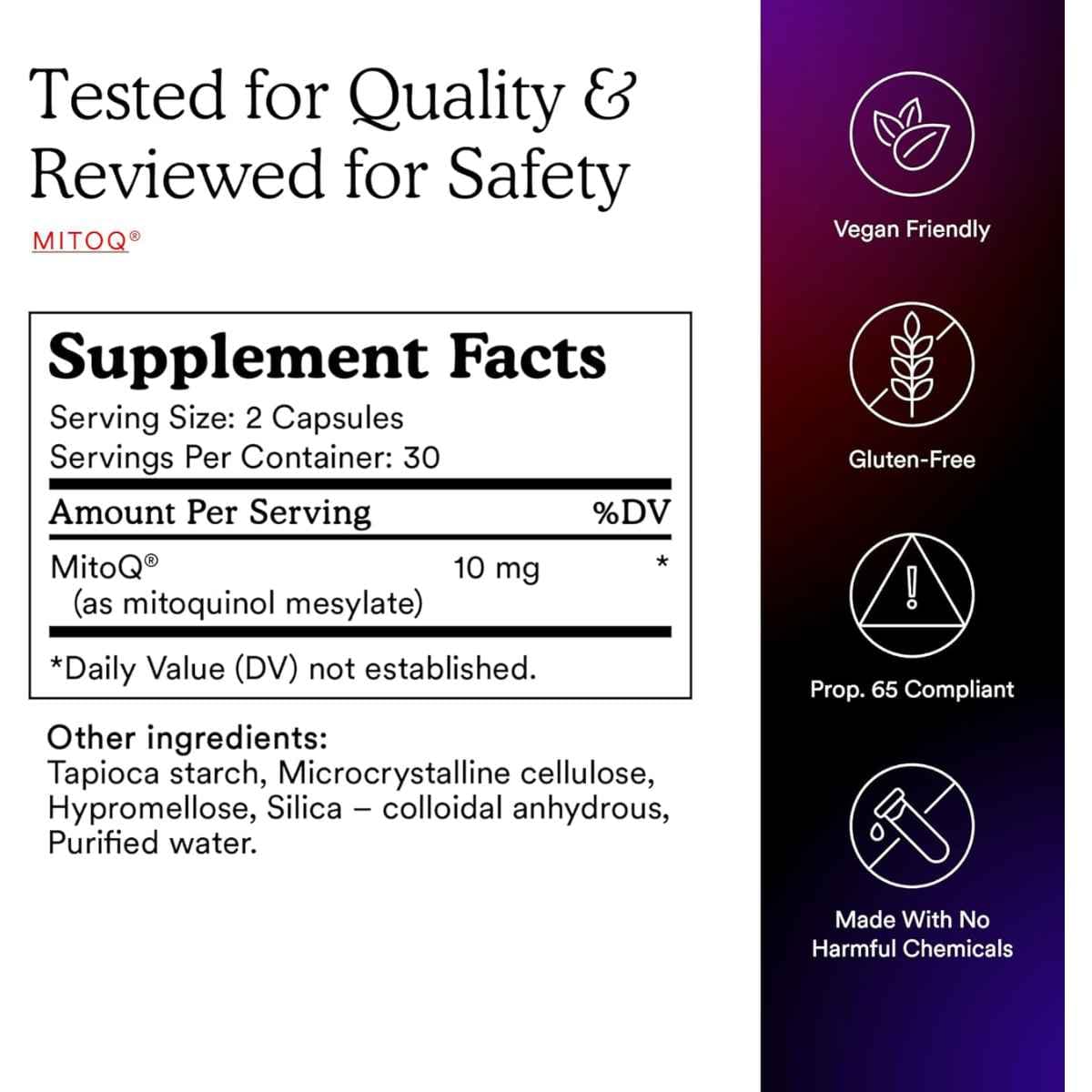Tabla nutricional del suplemento MitoQ Mitoquinol Mesilato 60 cápsulas