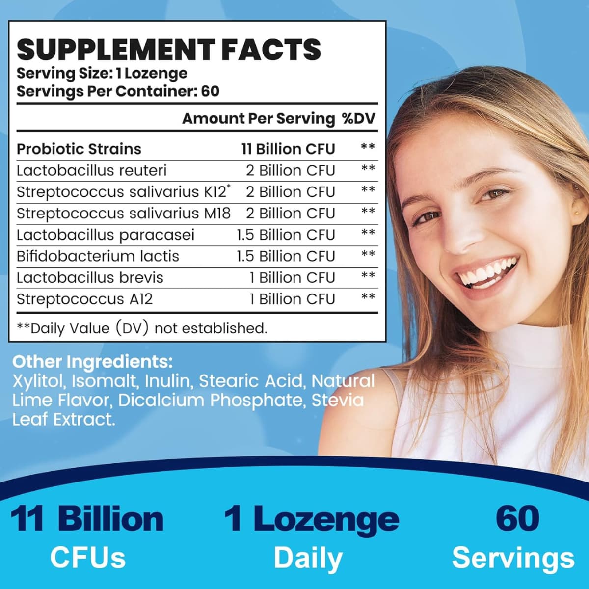 Tabla nutricional del suplemento Mswkeou Probióticos Orales Lima 11 Billion CFU 60 pastillas para chupar