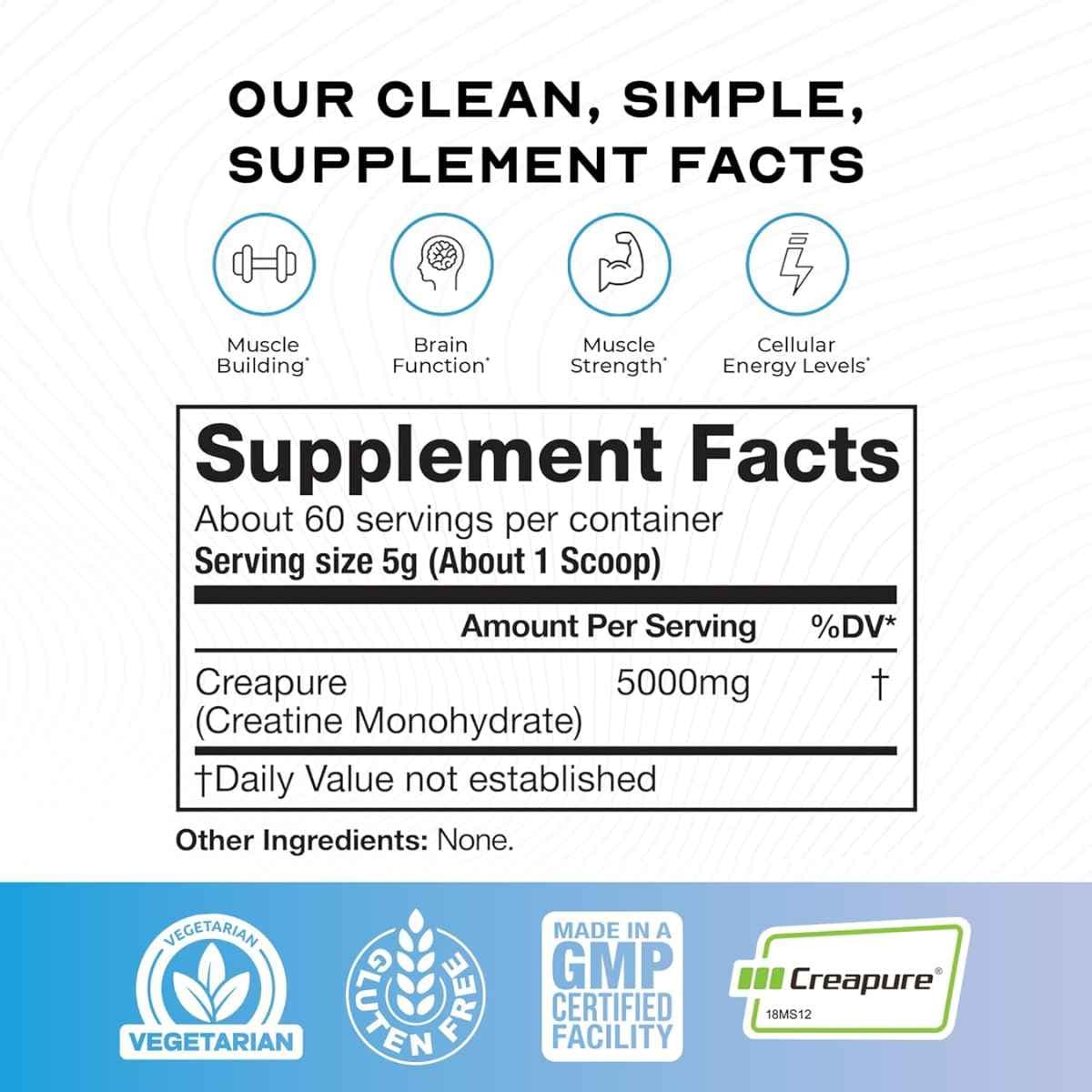 Tabla nutricional del suplemento Muscle Feast Monohidrato de Creatina 300g