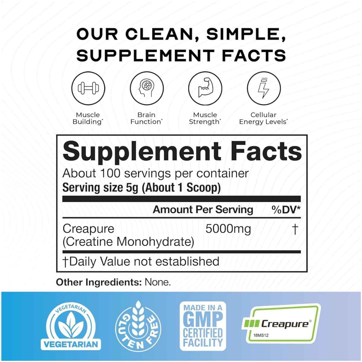 Tabla nutricional del suplemento Muscle Feast Monohidrato de Creatina 500g