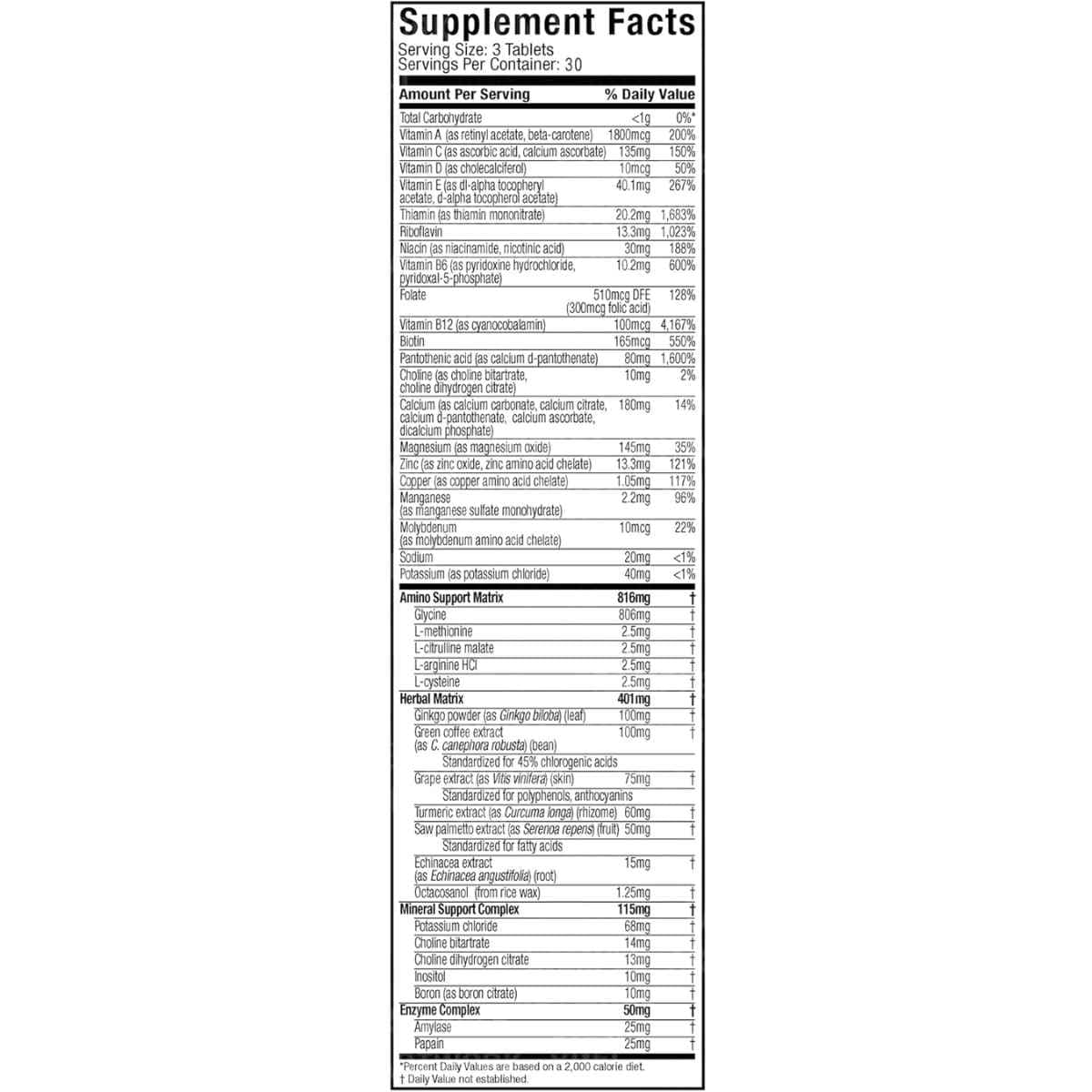 Tabla nutricional del suplemento MuscleTech Platinum Multivitamínico 90 tabletas