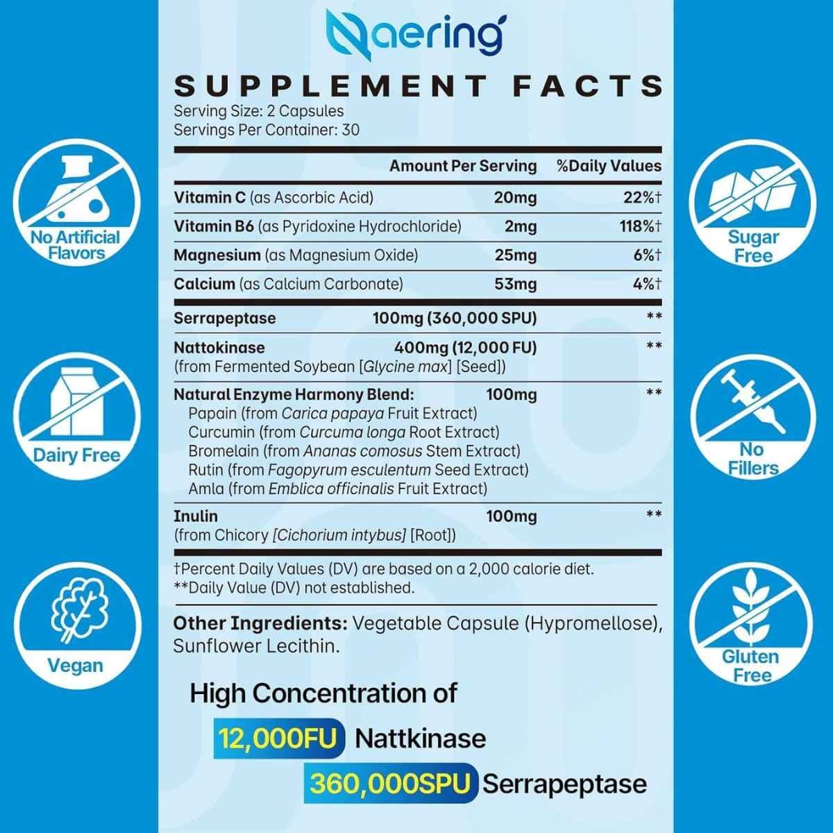 Tabla nutricional del suplemento Naering Natoquinasa y Serrapeptasa Liposomal 60 Cápsulas