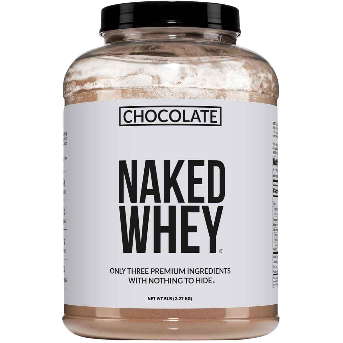 Frasco frontal de Naked Whey sabor chocolate, presentación de 5 lb