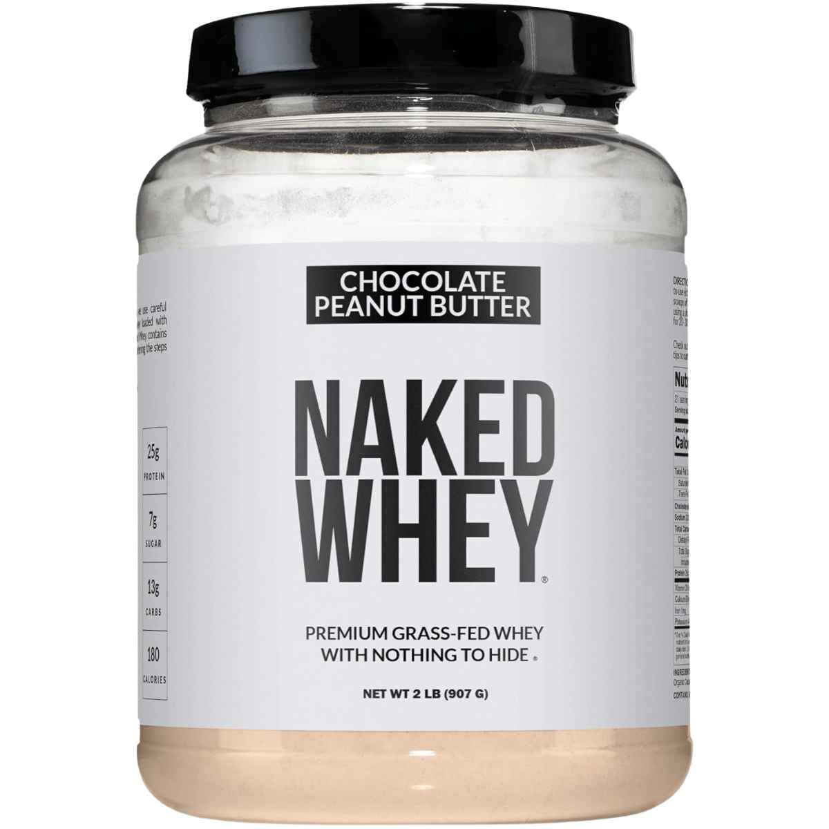 Frasco frontal de Naked Whey sabor mantequilla de maní con chocolate, presentación de 2 lb