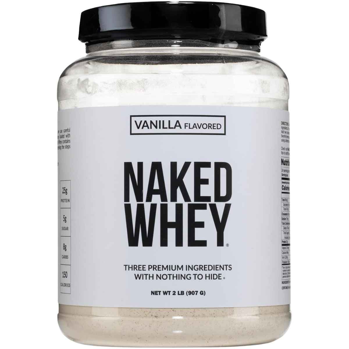 Frasco frontal de Naked Whey sabor vainilla, presentación de 2 lb
